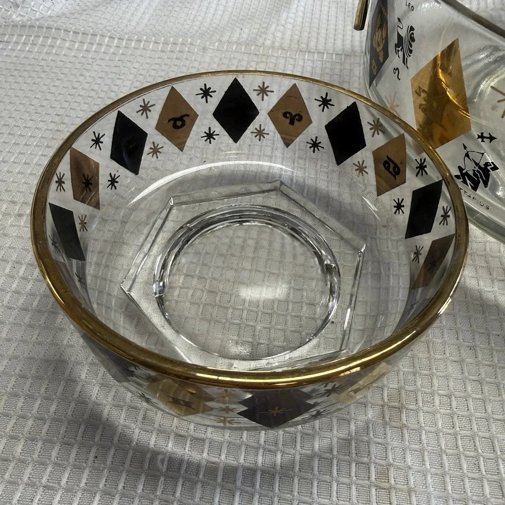 3 Pc Set VTG MCM Federal Zodiac Harlequin Diamond Black 22kt Gold Bowls Chip Dip